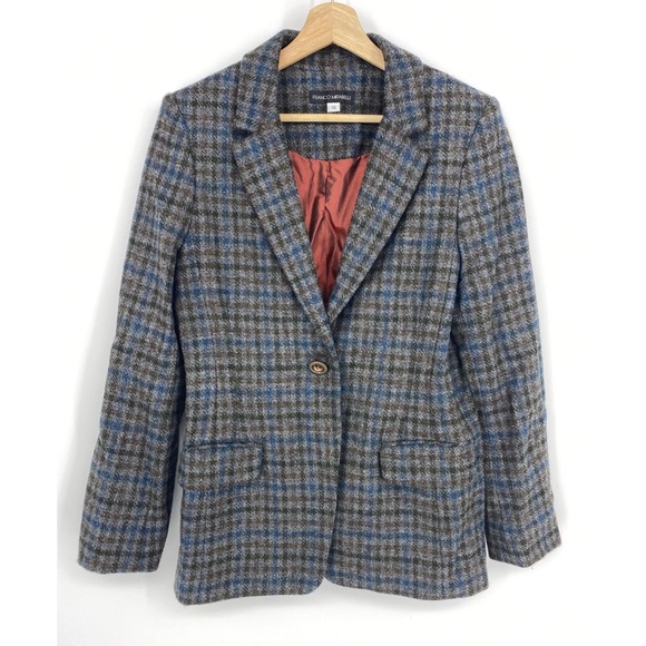 Franco Mirabelli Gray Blue Wool Plaid Blazer - Picture 1 of 7